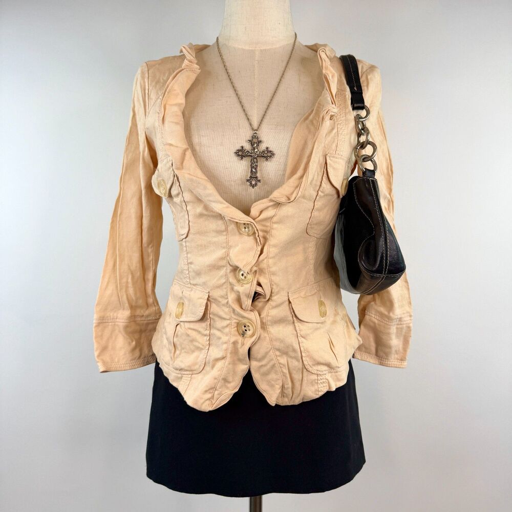 Bebe Ivory Linen Blazer Boho Chic 3/4 Sleeve Size 6 Button Up Ruffled Fairy Core